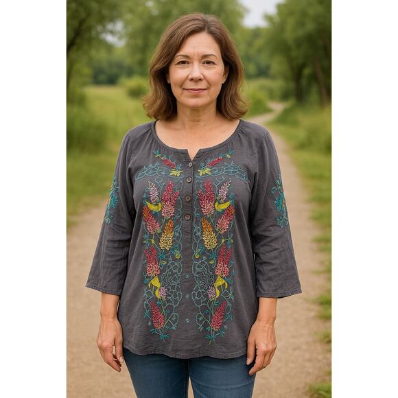 Johnny Was Embroidered Boho Peasant Tunic Top Gray Multicolor Floral Size L - Picture 1 of 6